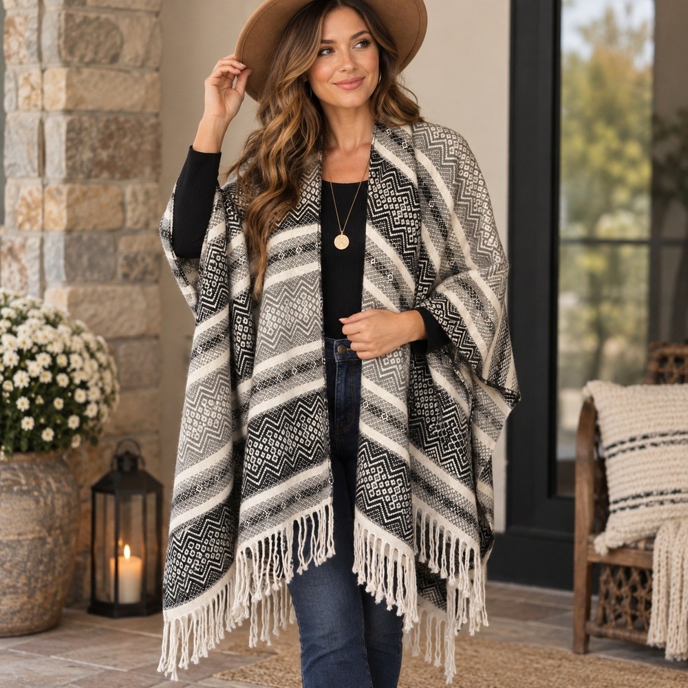 New York & Company Womens Grey Geometric Fringe Open Front Poncho Wrap One Size